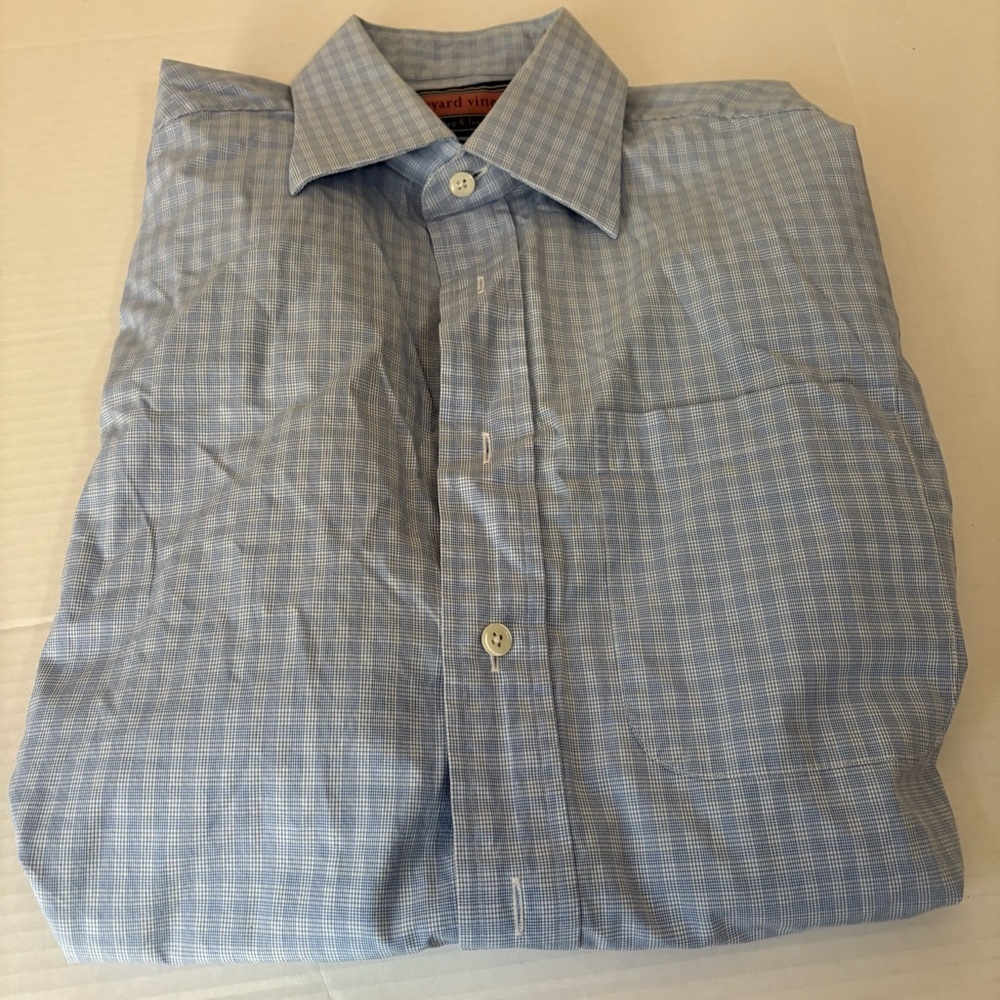 VINEYARD VINES Men's Blue Checkered Long Sleeve Dress Shirt